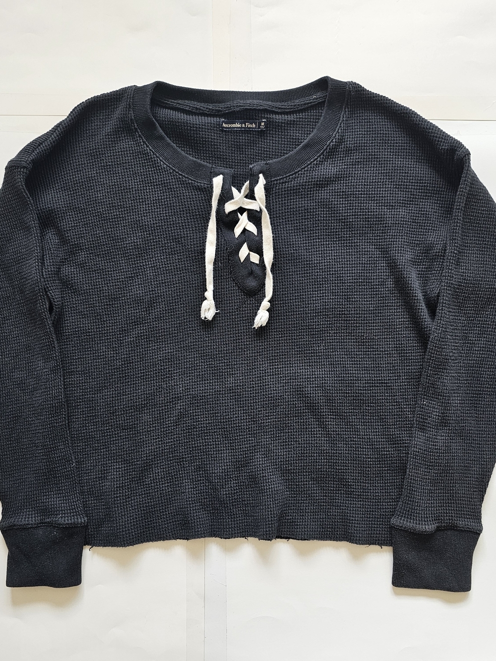 Abercrombie & Fitch Navy Waffle-Knit Lace-Up Sweatshirt with Cream Drawstring